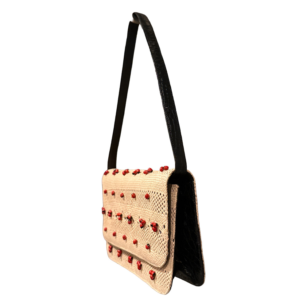 Vintage Nancy Gonzalez Caiman Crocodile Wicker Shoulder Bag Cream Beaded Red